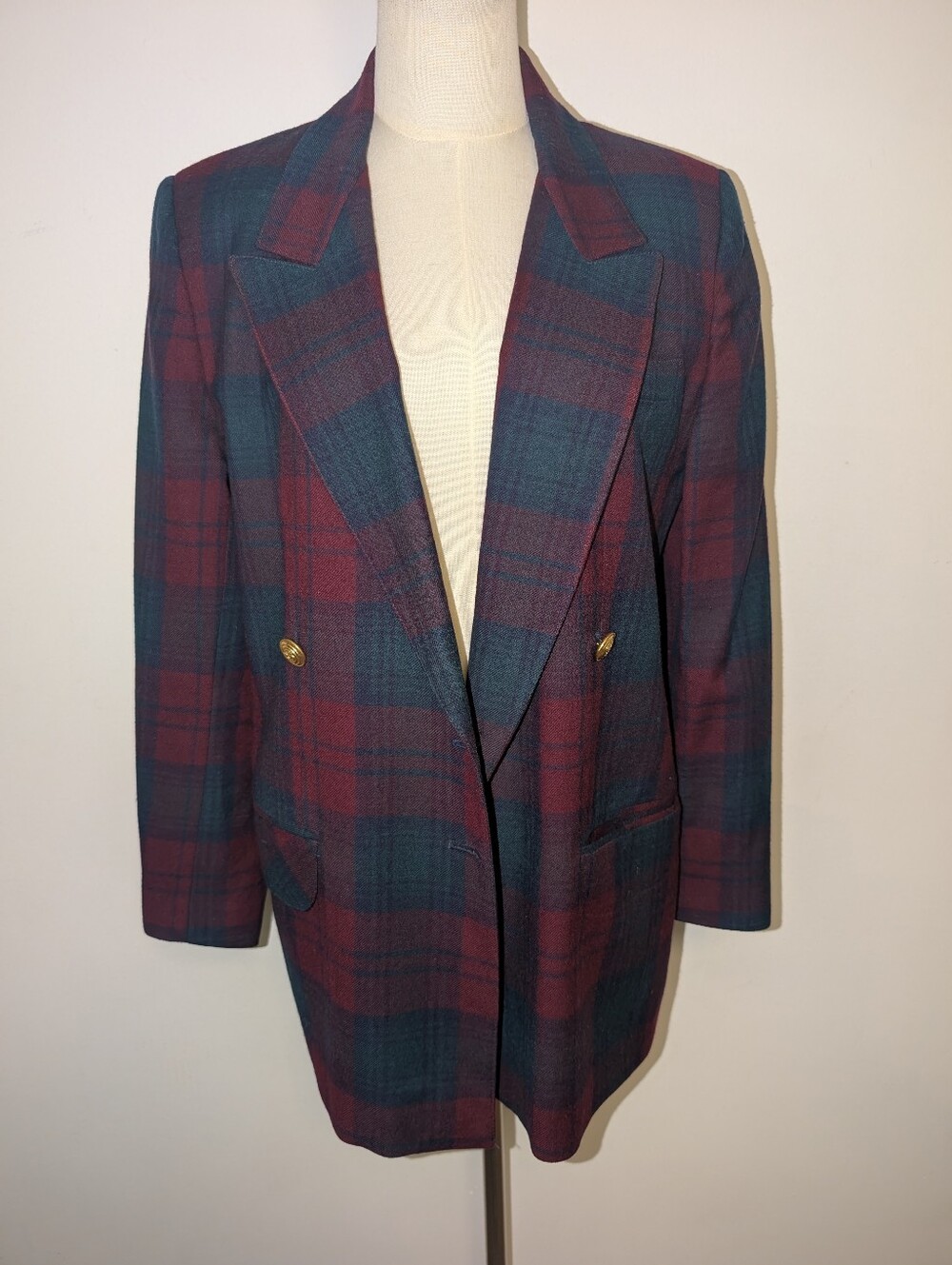 Vintage 100% Wool Plaid Double-Breasted Blazer - Burgundy & Forest Green